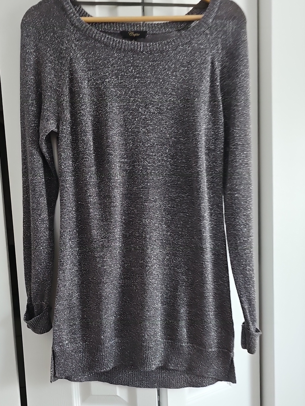 Cupio Silver Metallic Scoop Neck Long Sweater
